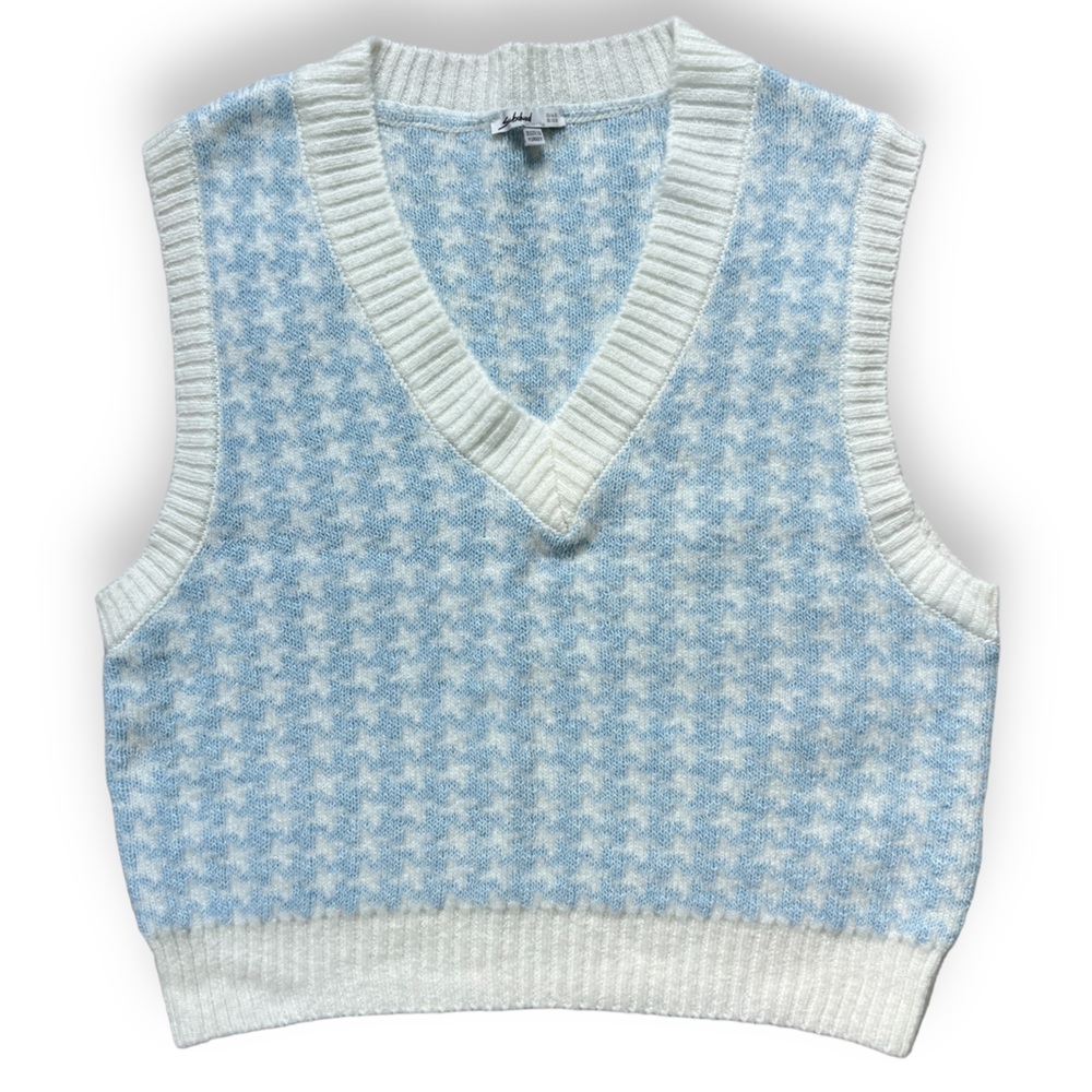 Subdued Womens Printed Knit Sweater Vest Sky Blue and White Houndstooth Print